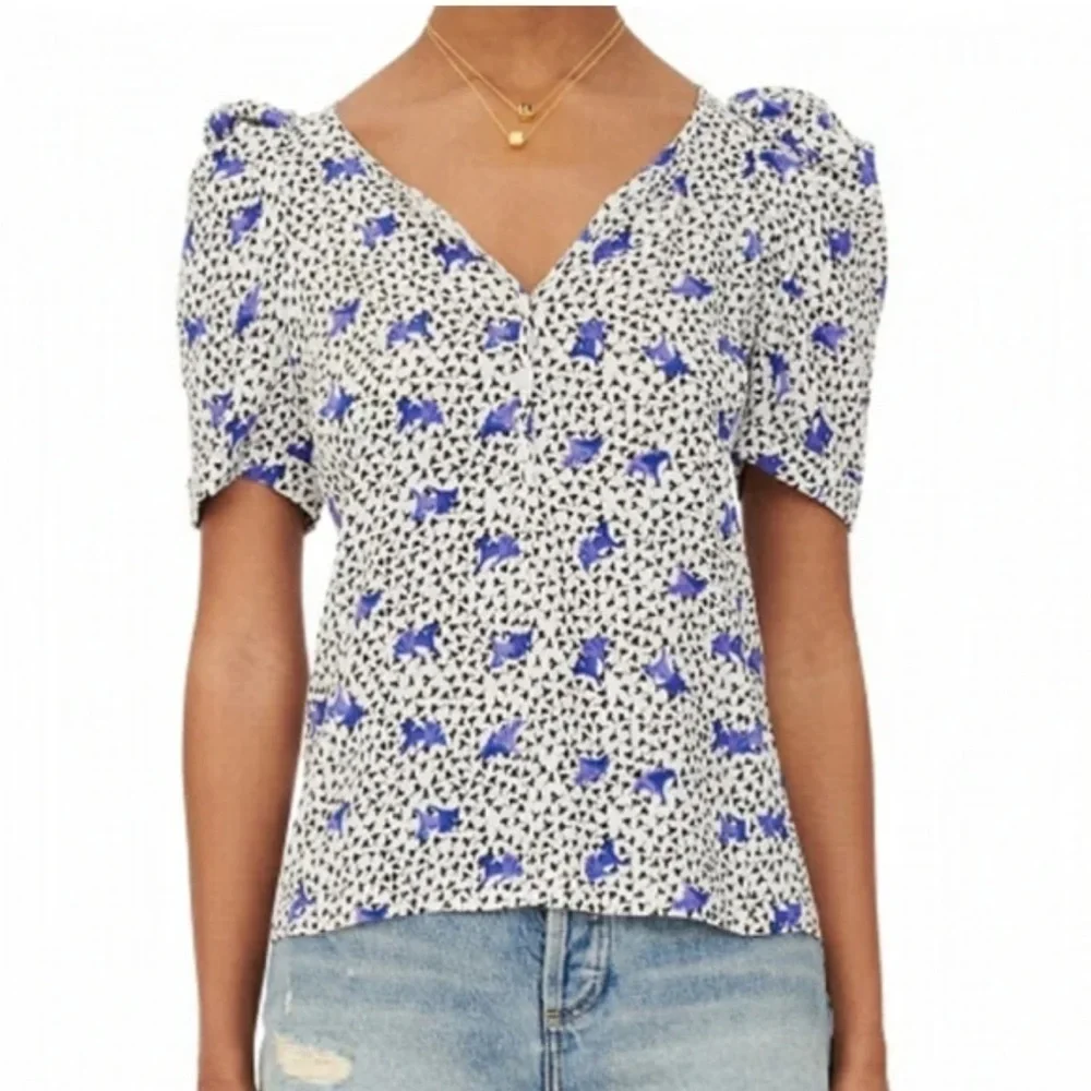 MAJE Lensam Floral Leaf Blue/White V-neck Short Puff Shoulder Blouse Size Small